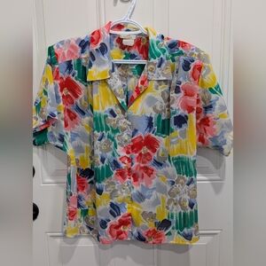 80's Vibrant Floral Women's Blouse in Red, Yellow, and Blue
